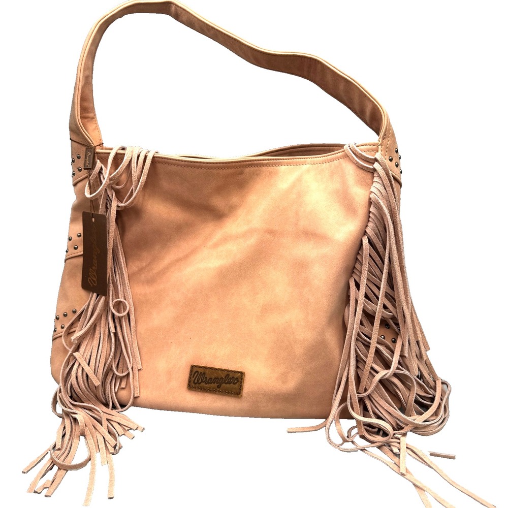 NEW Wrangler Shiloh Fringe Studded Leather Hobo Shoulder Bag Pink Western Boho - Picture 8 of 15